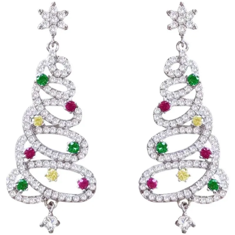 Wholesale New Colorful Diamond-encrusted Christmas Tree Trendy Personality Silver Pin Stud Earrings