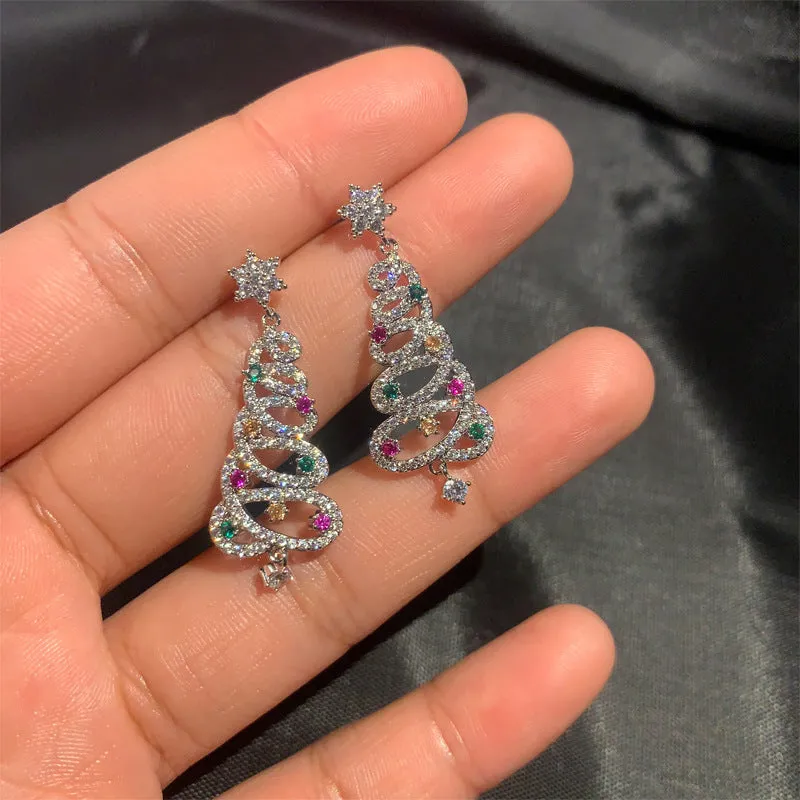 Wholesale New Colorful Diamond-encrusted Christmas Tree Trendy Personality Silver Pin Stud Earrings