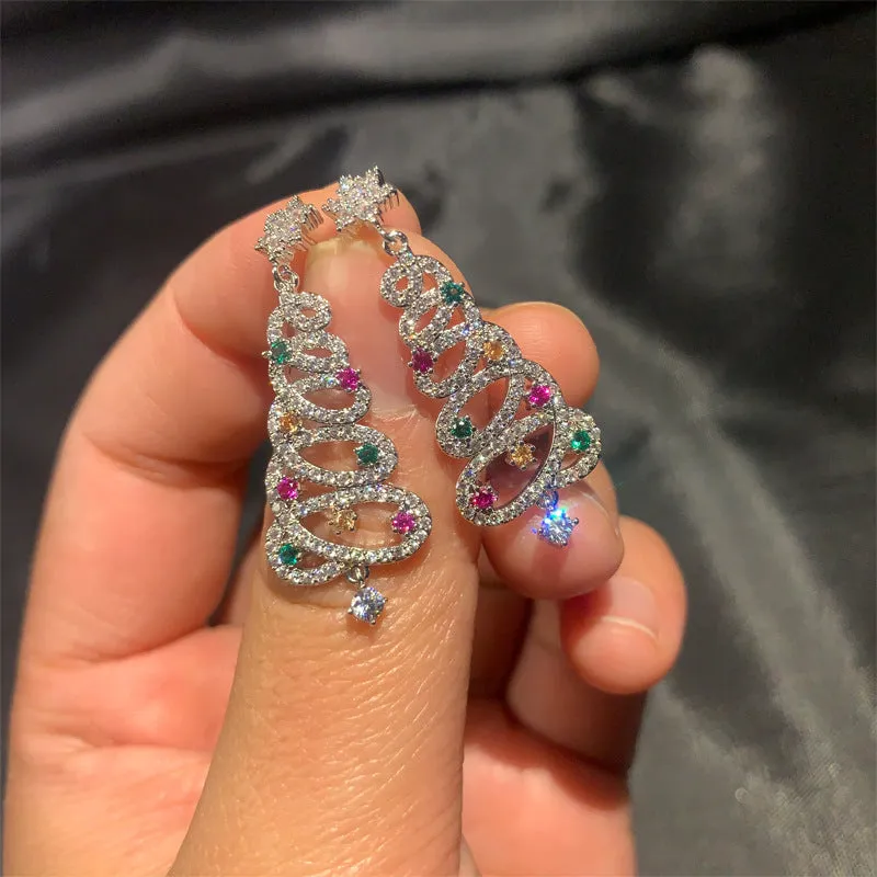 Wholesale New Colorful Diamond-encrusted Christmas Tree Trendy Personality Silver Pin Stud Earrings