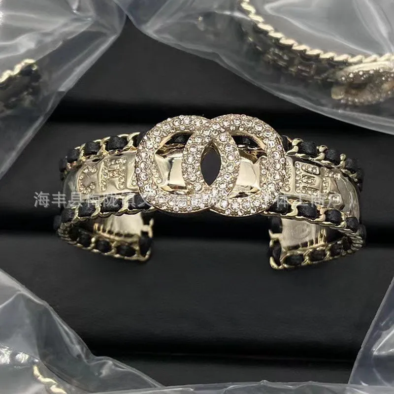 Wholesale New Double C Letter Diamond Piercing Leather Small Chanel Style Bracelet Retro Fashion All-match Bracelet