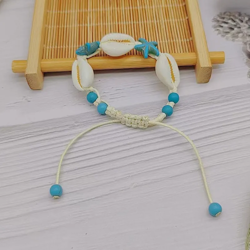 Wholesale Ocean Style Blue Turquoise Natural Shell Handmade Braided Bracelet