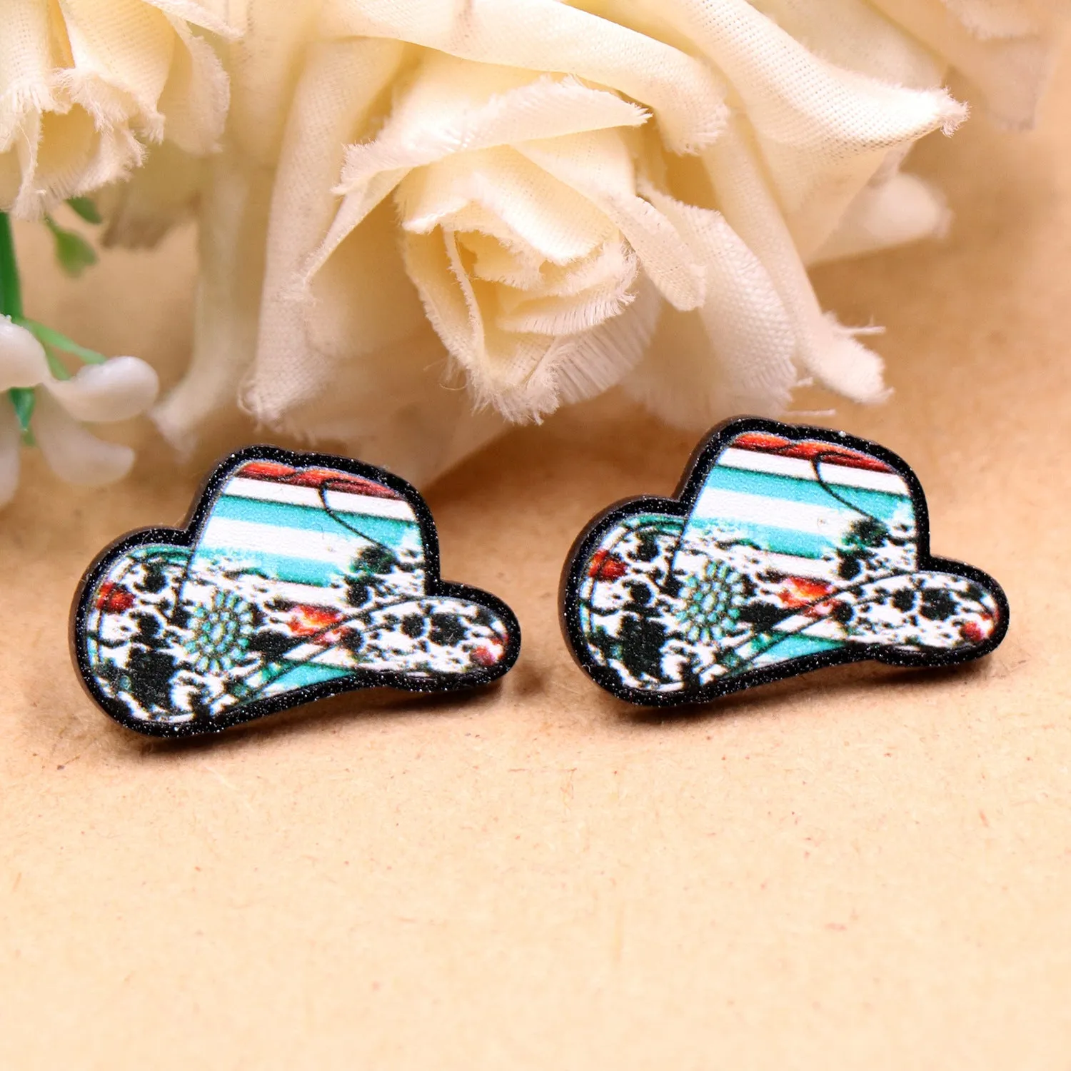 Wholesale of 10PCS/PACK Western Animal Pattern Denim Hat Acrylic Earrings