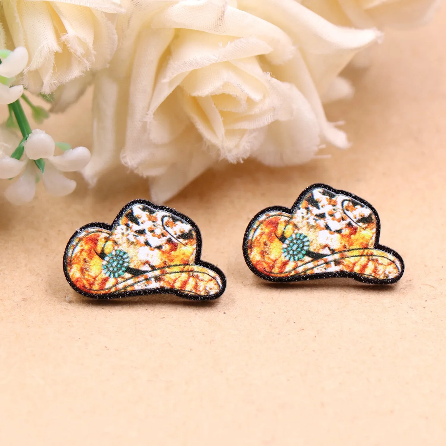 Wholesale of 10PCS/PACK Western Animal Pattern Denim Hat Acrylic Earrings