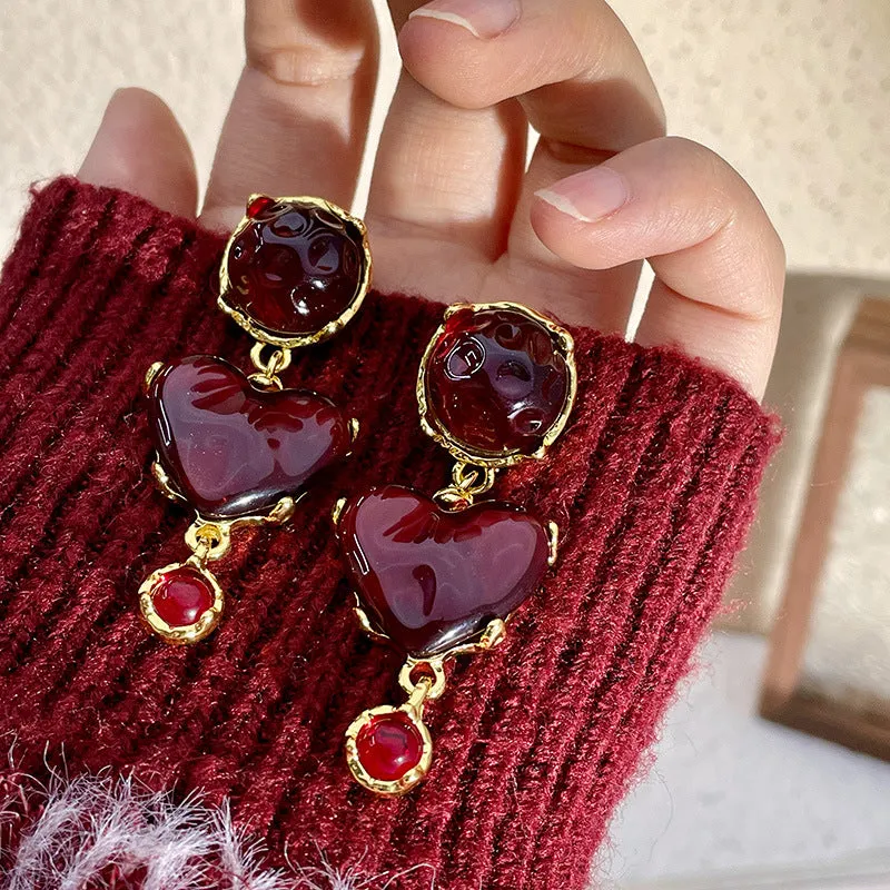 Wholesale of Glazed Red Heart Alloy Earrings