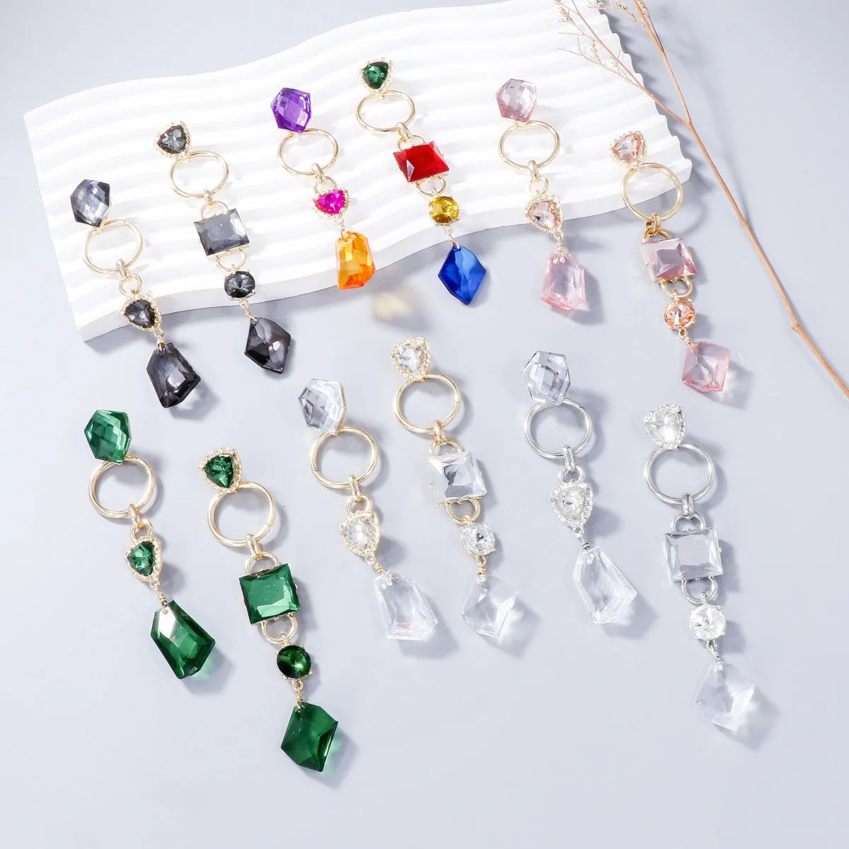 Wholesale of Long Tassel Alloy Glass Earrings