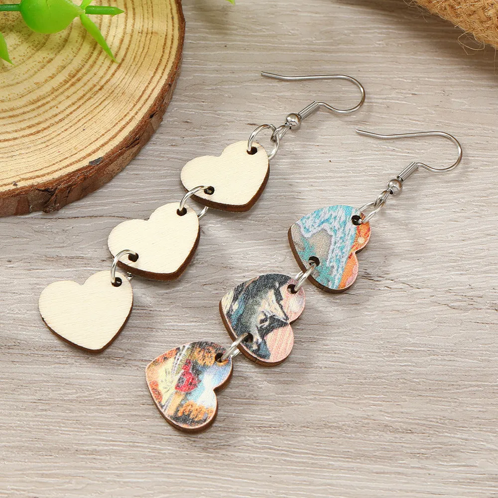 Wholesale of Three Heart-shaped Wooden Earrings for Valentine's Day