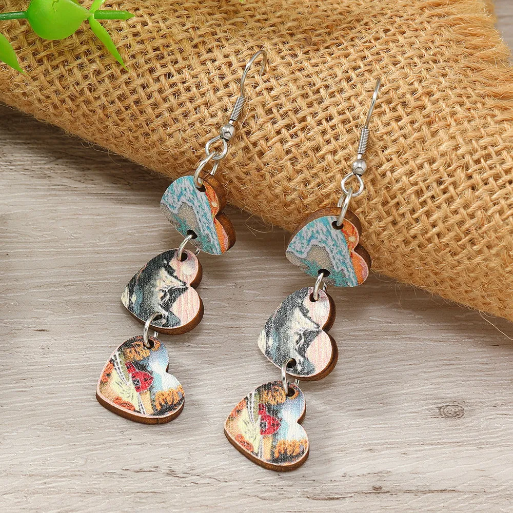 Wholesale of Three Heart-shaped Wooden Earrings for Valentine's Day