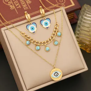Wholesale Oil Drip Eyes Love Heart Stainless Steel Bracelet Jewelry Set