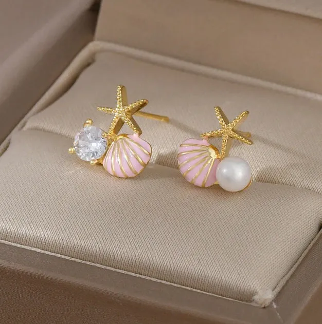 Wholesale Oil Drop Scallop Starfish Imitation Pearl Diamond Earrings