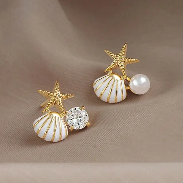 Wholesale Oil Drop Scallop Starfish Imitation Pearl Diamond Earrings