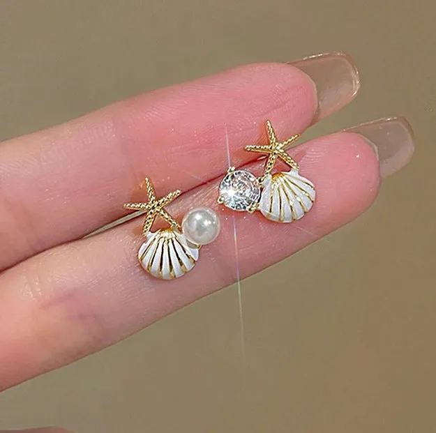 Wholesale Oil Drop Scallop Starfish Imitation Pearl Diamond Earrings