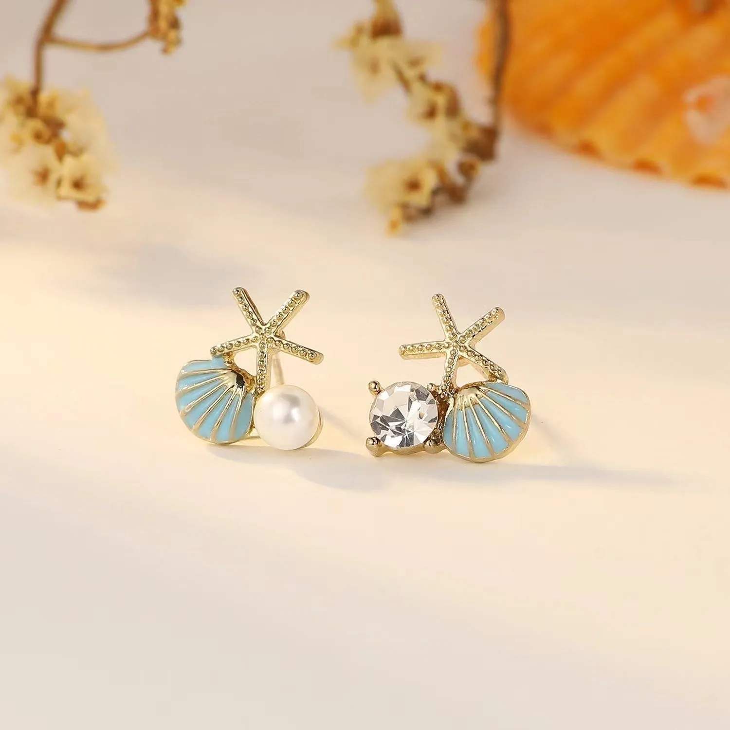 Wholesale Oil Drop Scallop Starfish Imitation Pearl Diamond Earrings