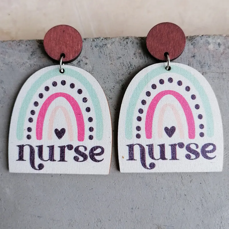 Wholesale Optimistic Inspirational Text Rainbow Nurse Wooden Earrings
