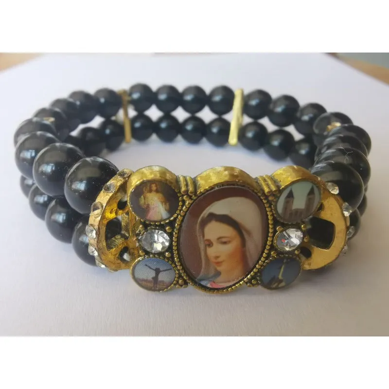 Wholesale Our Lady of The Cross Church Diamond Crystal Icon Imitation Black Onyx Bracelet