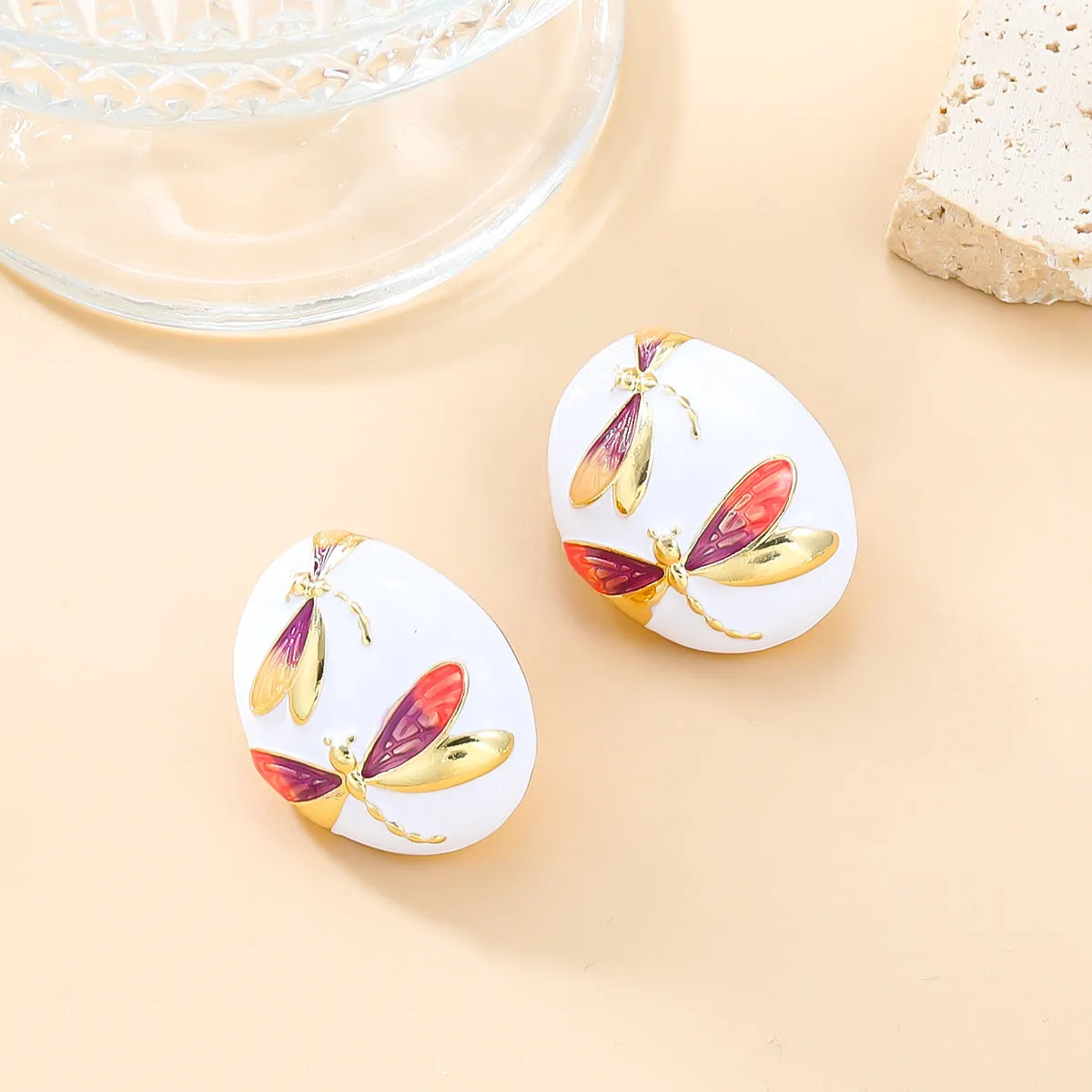 Wholesale Oval Alloy Dripping Butterfly Boho Style Earrings