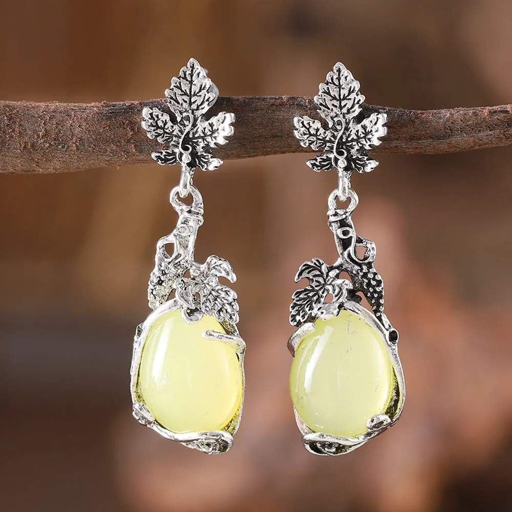 Wholesale Palace Style Grape Vine Leaves Inlaid Opal Pendant Literary Retro Niche Simple Earrings