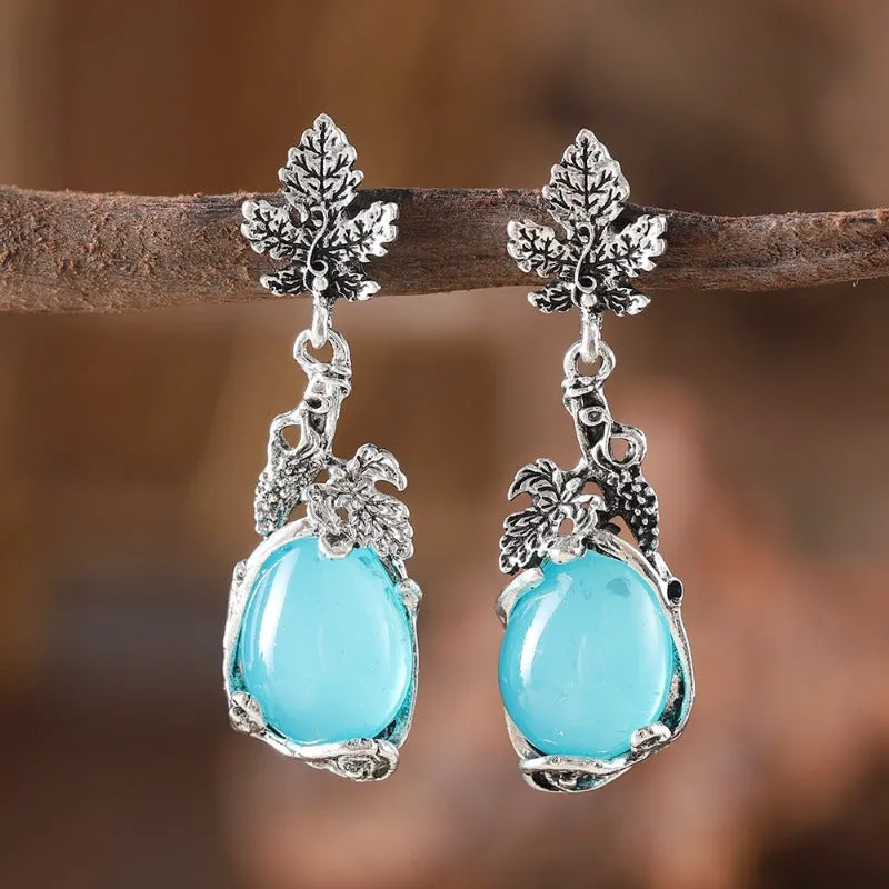 Wholesale Palace Style Grape Vine Leaves Inlaid Opal Pendant Literary Retro Niche Simple Earrings