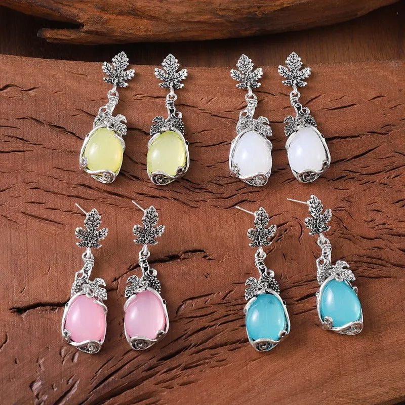 Wholesale Palace Style Grape Vine Leaves Inlaid Opal Pendant Literary Retro Niche Simple Earrings