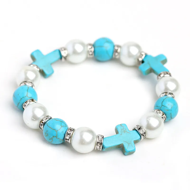 Wholesale Pearl Cross Turquoise Punk Bracelet