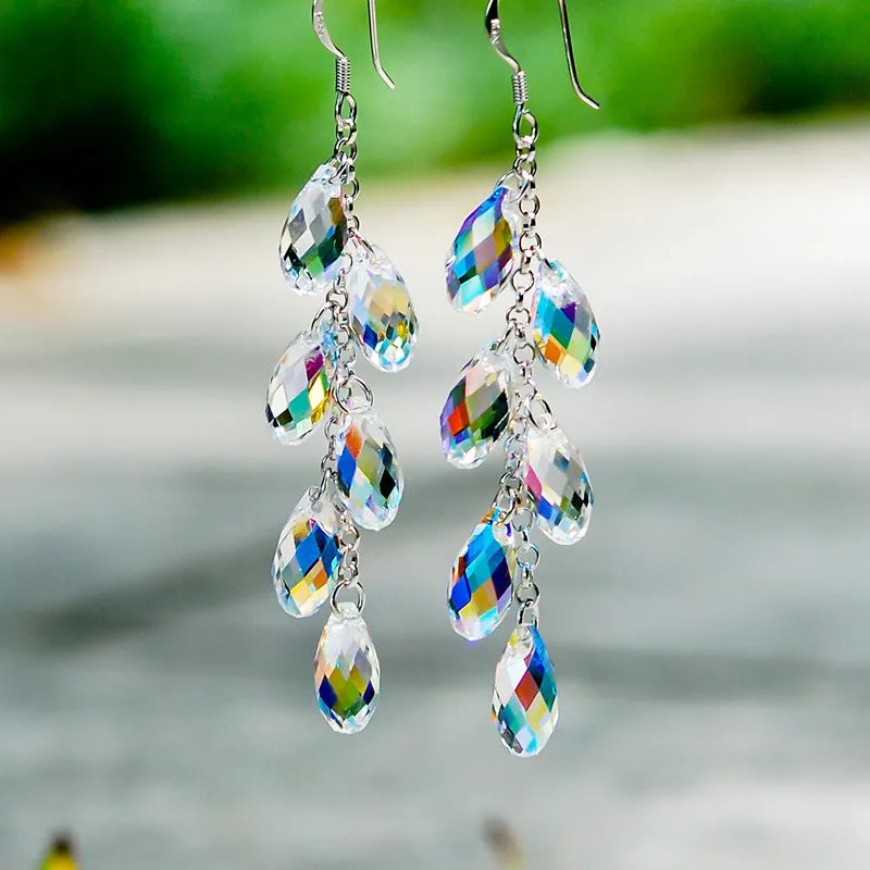 Wholesale Pearl Curtain Silver Needle Crystal Long Water Drop Tassel Earrings