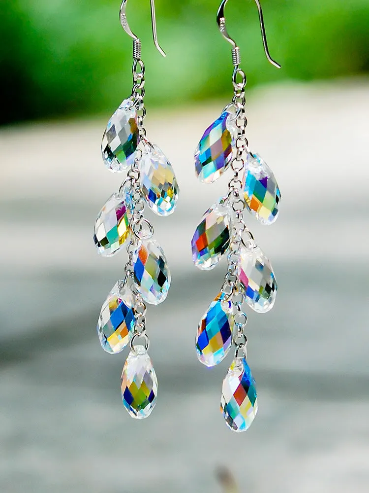Wholesale Pearl Curtain Silver Needle Crystal Long Water Drop Tassel Earrings