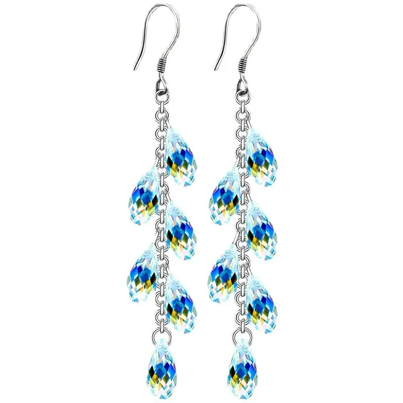 Wholesale Pearl Curtain Silver Needle Crystal Long Water Drop Tassel Earrings