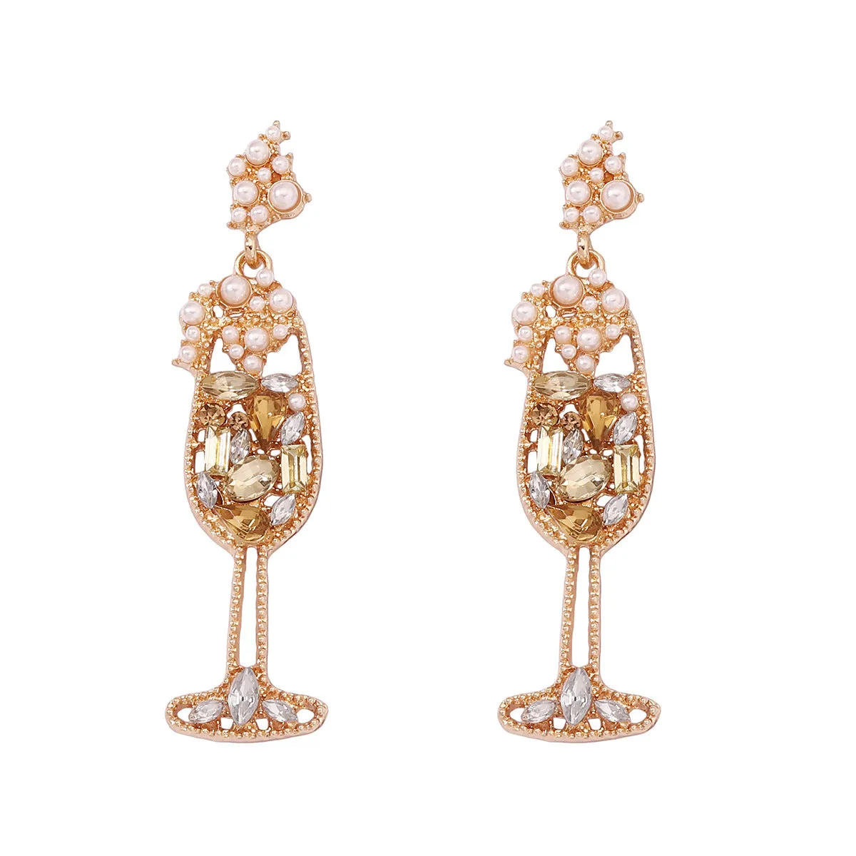 Wholesale Pearl Inlaid Diamond Wine Glass Shaped Alloy Earrings