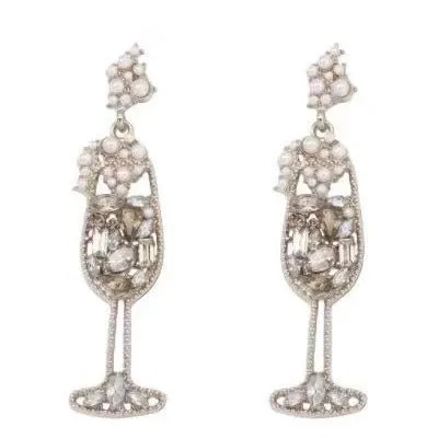 Wholesale Pearl Inlaid Diamond Wine Glass Shaped Alloy Earrings