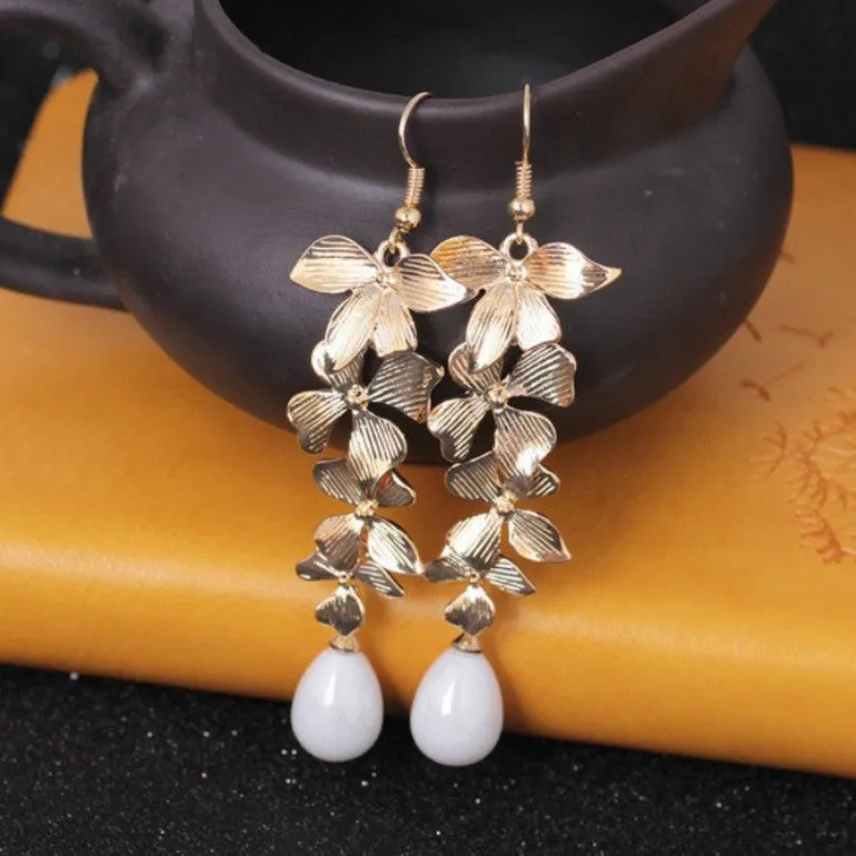Wholesale Pearl Long Tassel Gold Orchid Matte Earrings