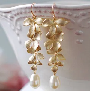 Wholesale Pearl Long Tassel Gold Orchid Matte Earrings