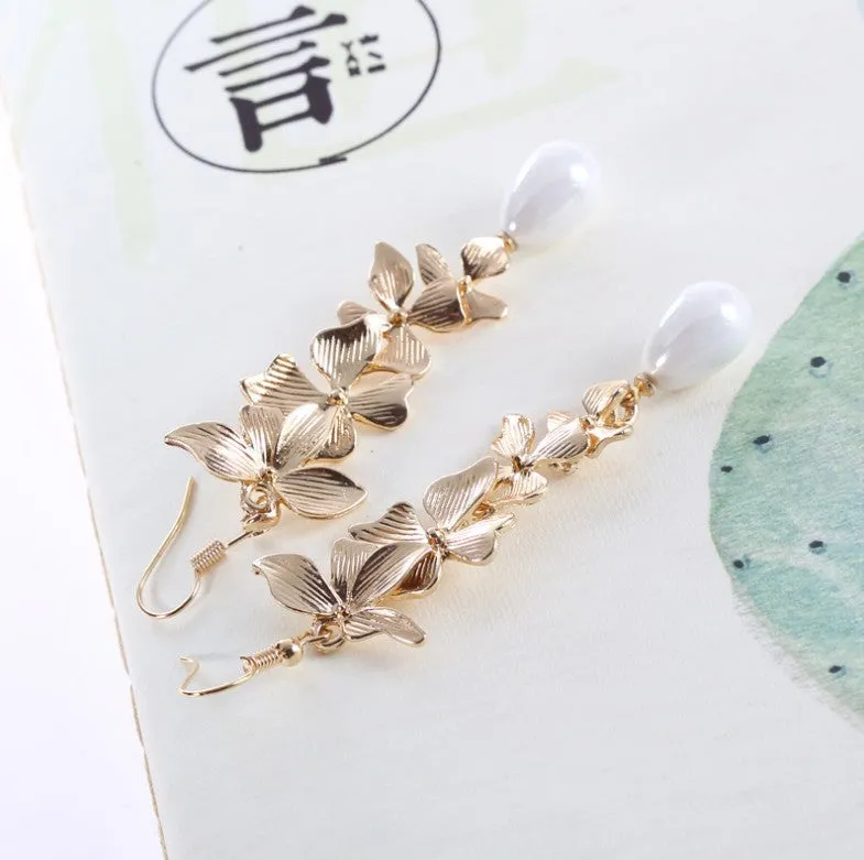 Wholesale Pearl Long Tassel Gold Orchid Matte Earrings