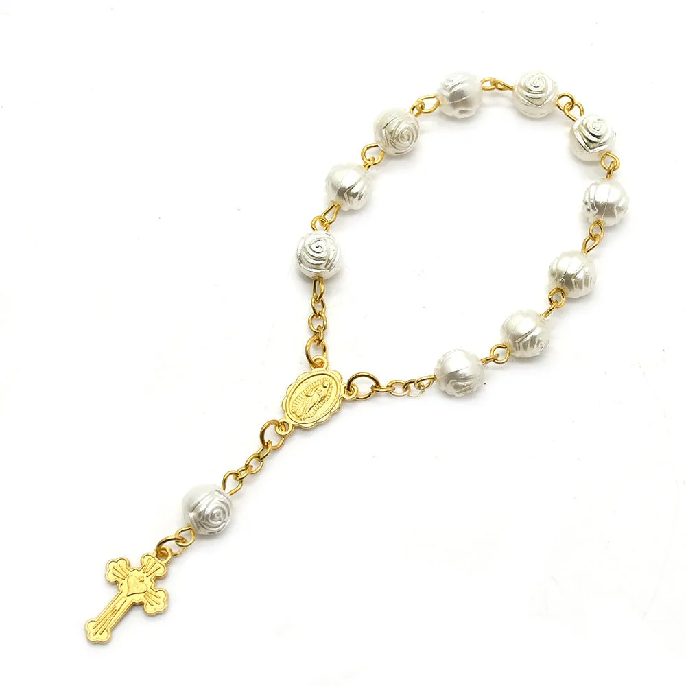 Wholesale Pearl Rose Sacred Heart Baptism Beads Rosary Bracelet
