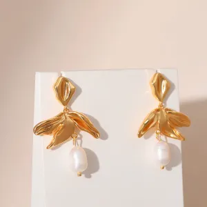 Wholesale Pearl S925 Silver Needle Leaf Plated 18K Real Gold Earrings