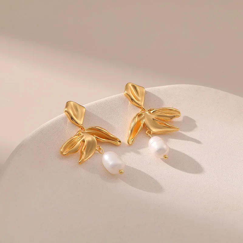 Wholesale Pearl S925 Silver Needle Leaf Plated 18K Real Gold Earrings