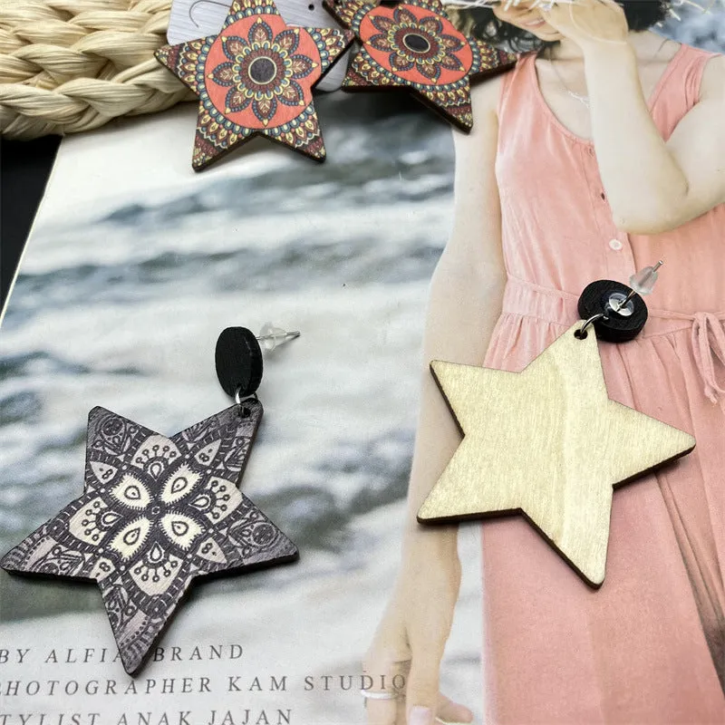 Wholesale Pentagram Vintage Painted Wood Earrings