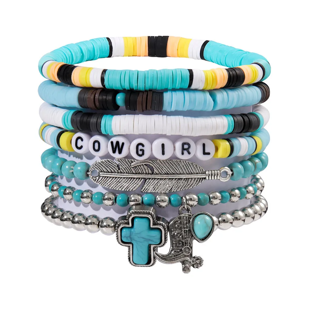 Wholesale Personalized Bull Head Turquoise Beaded Elastic Bracelet Set