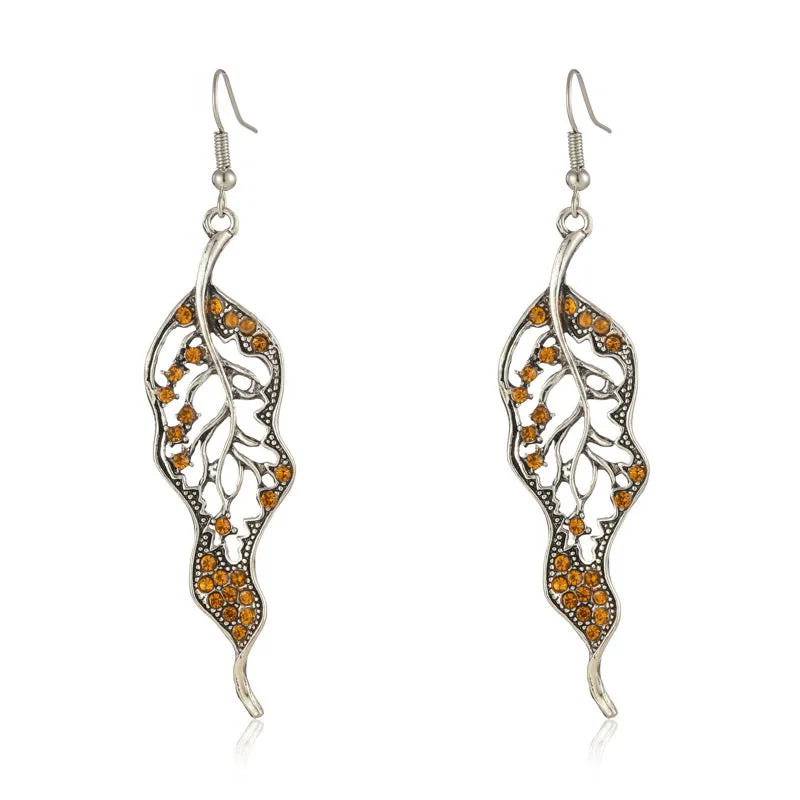 Wholesale Personalized Long Leaf Simple Inlaid AB Color Diamond Earrings