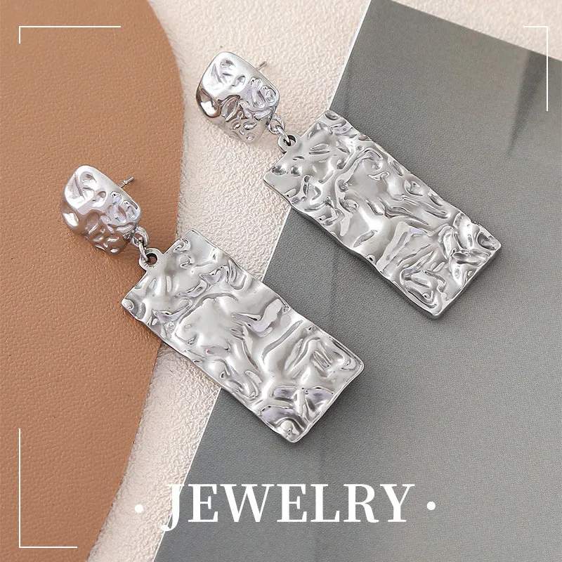 Wholesale Personalized Retro Design Titanium Steel Gold-plated Long Square Pleated Earrings