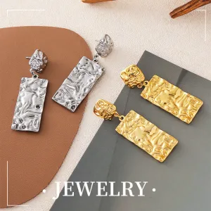 Wholesale Personalized Retro Design Titanium Steel Gold-plated Long Square Pleated Earrings