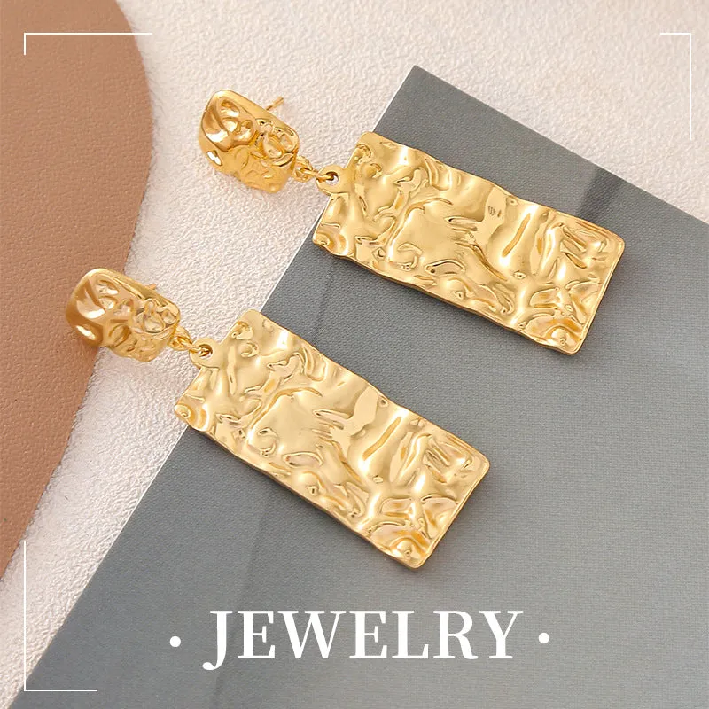 Wholesale Personalized Retro Design Titanium Steel Gold-plated Long Square Pleated Earrings
