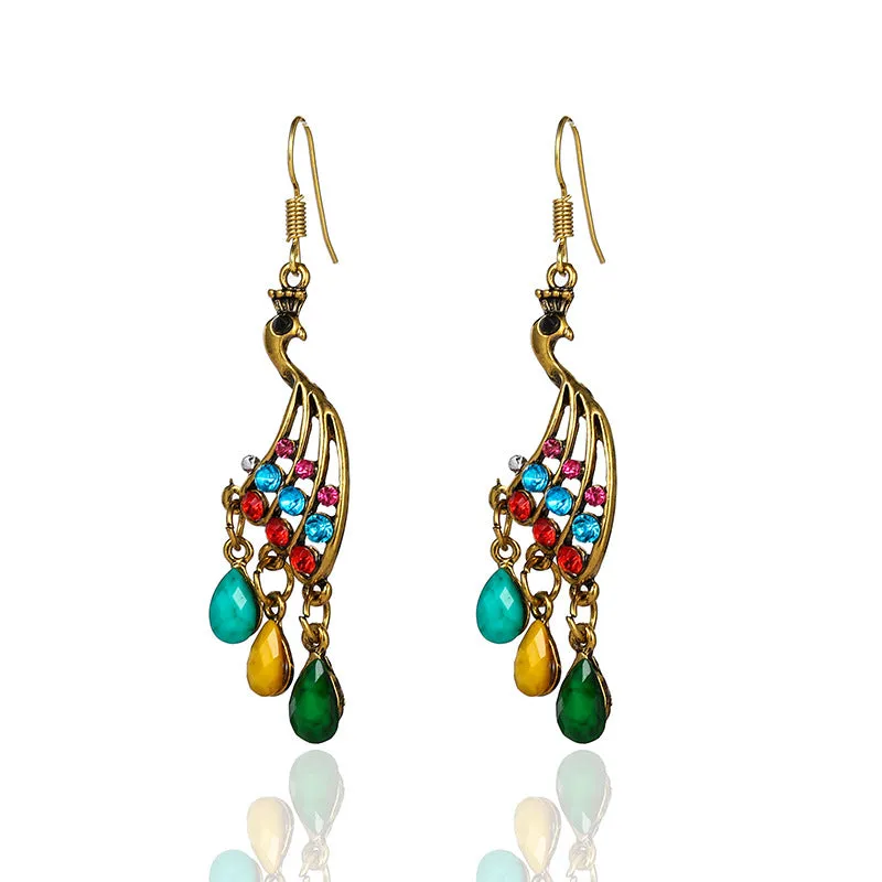 Wholesale Personalized Yunnan Green Peacock Water Drop Diamond Tassel Earrings