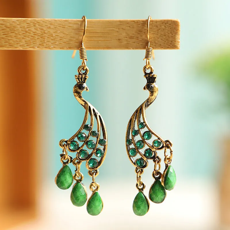 Wholesale Personalized Yunnan Green Peacock Water Drop Diamond Tassel Earrings