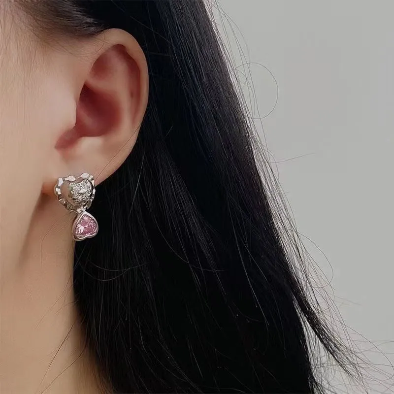 Wholesale Pink Diamond Sweet Cool Double Heart Alloy Earrings