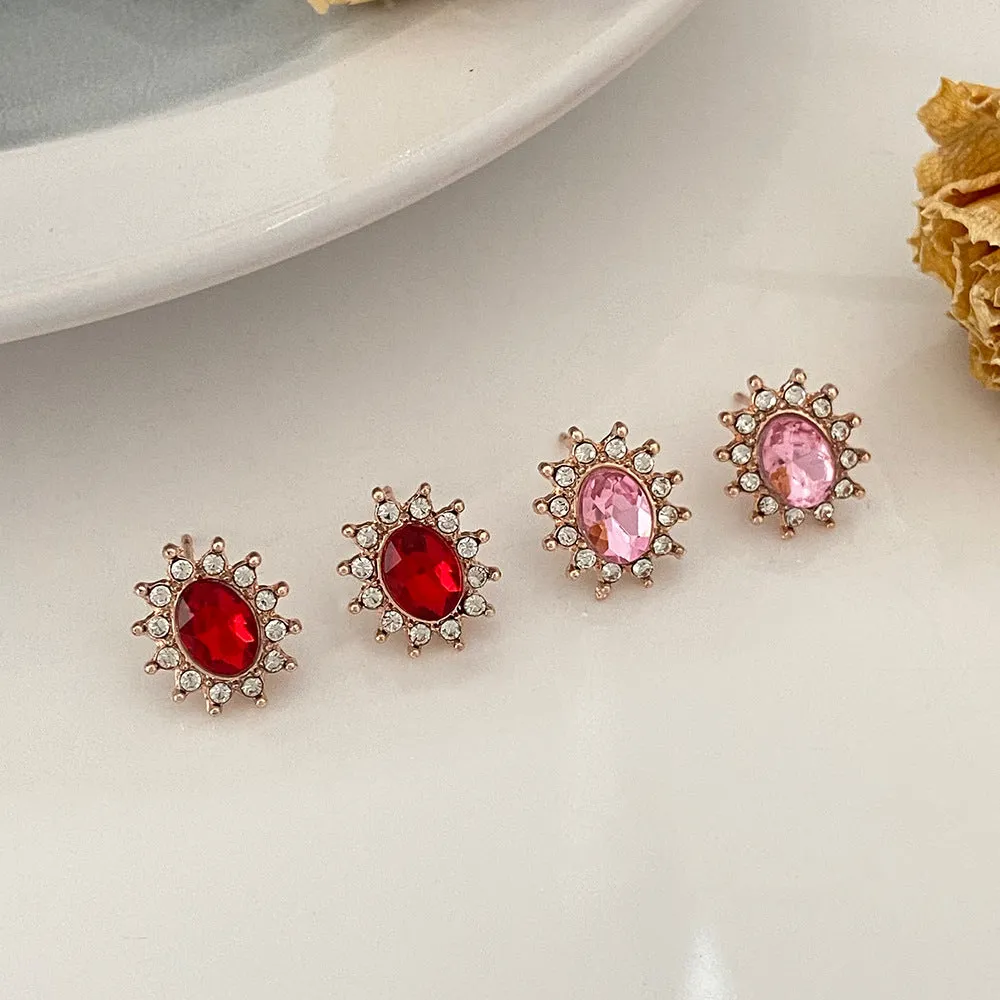 Wholesale Pink Zircon Sunflower Full Diamond Gemstone Flower Alloy Earrings