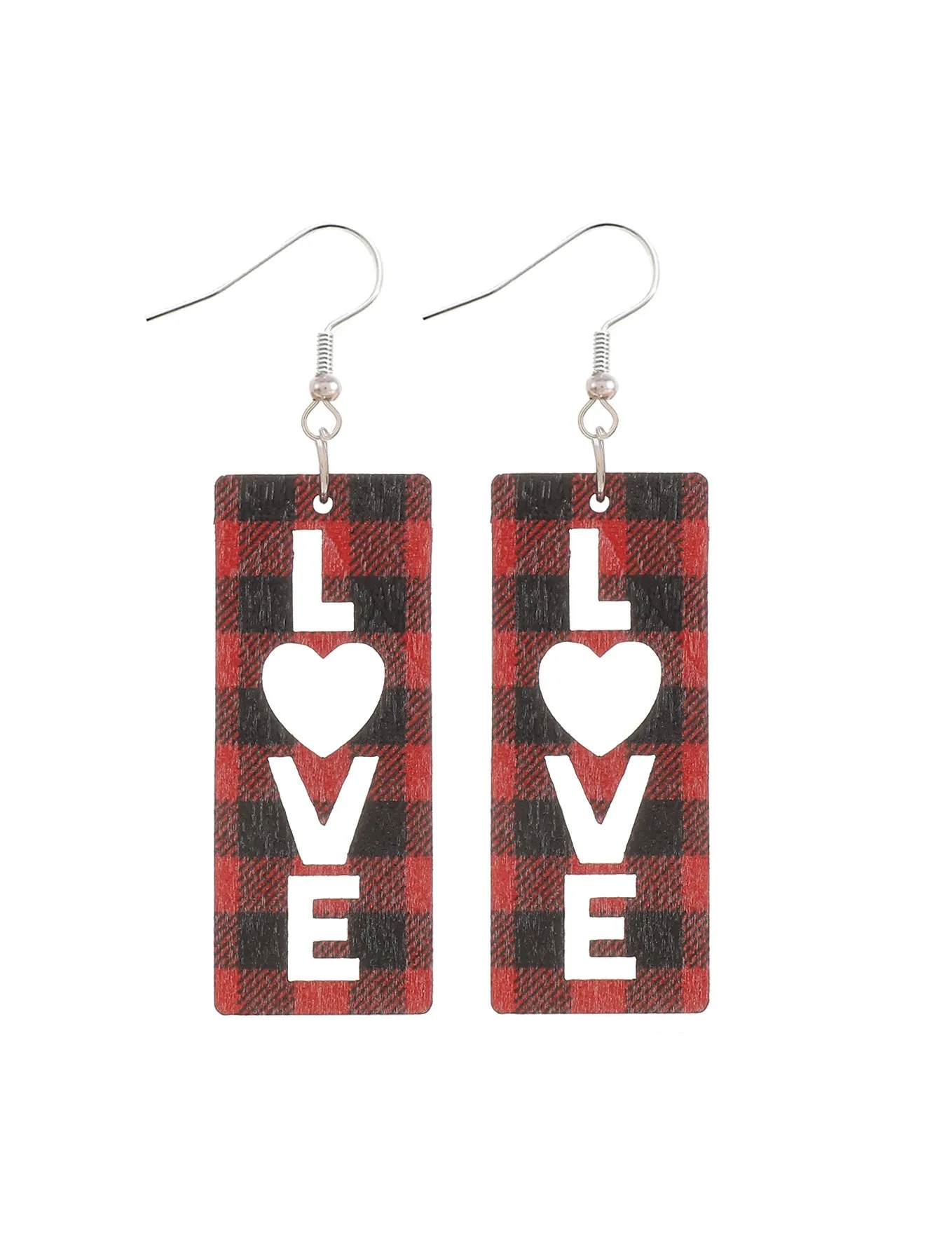 Wholesale Plaid Striped English Letter LOVE Wooden Heart-shaped Earrings