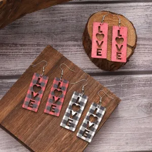 Wholesale Plaid Striped English Letter LOVE Wooden Heart-shaped Earrings