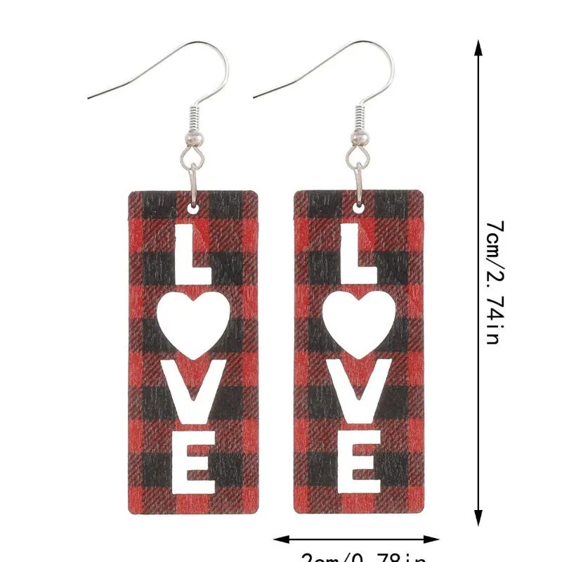 Wholesale Plaid Striped English Letter LOVE Wooden Heart-shaped Earrings