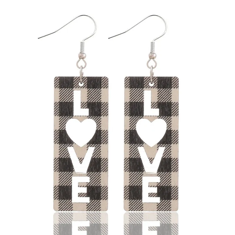 Wholesale Plaid Striped English Letter LOVE Wooden Heart-shaped Earrings