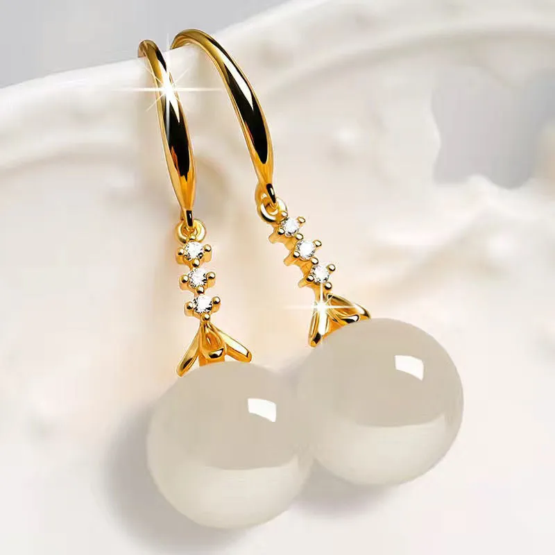 Wholesale Platinum-plated long fashionable imitation Hetian green jasper earrings