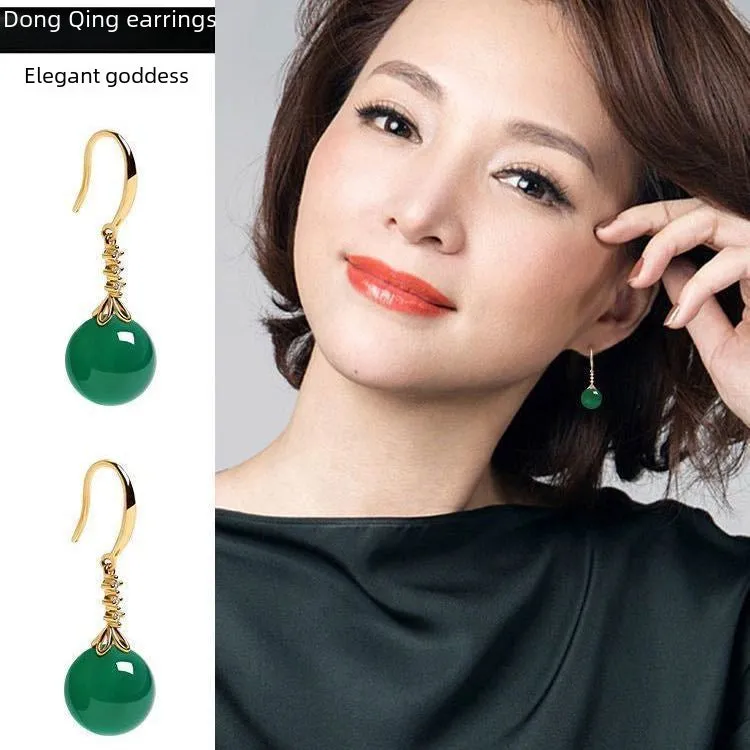 Wholesale Platinum-plated long fashionable imitation Hetian green jasper earrings